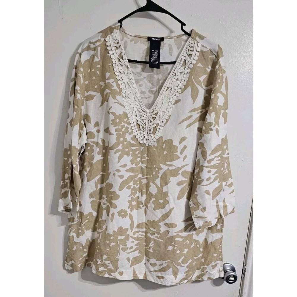 Premise Womens Tunic Top 2XL Beige White Lace Lagenlook Linen Blend Boho Mature